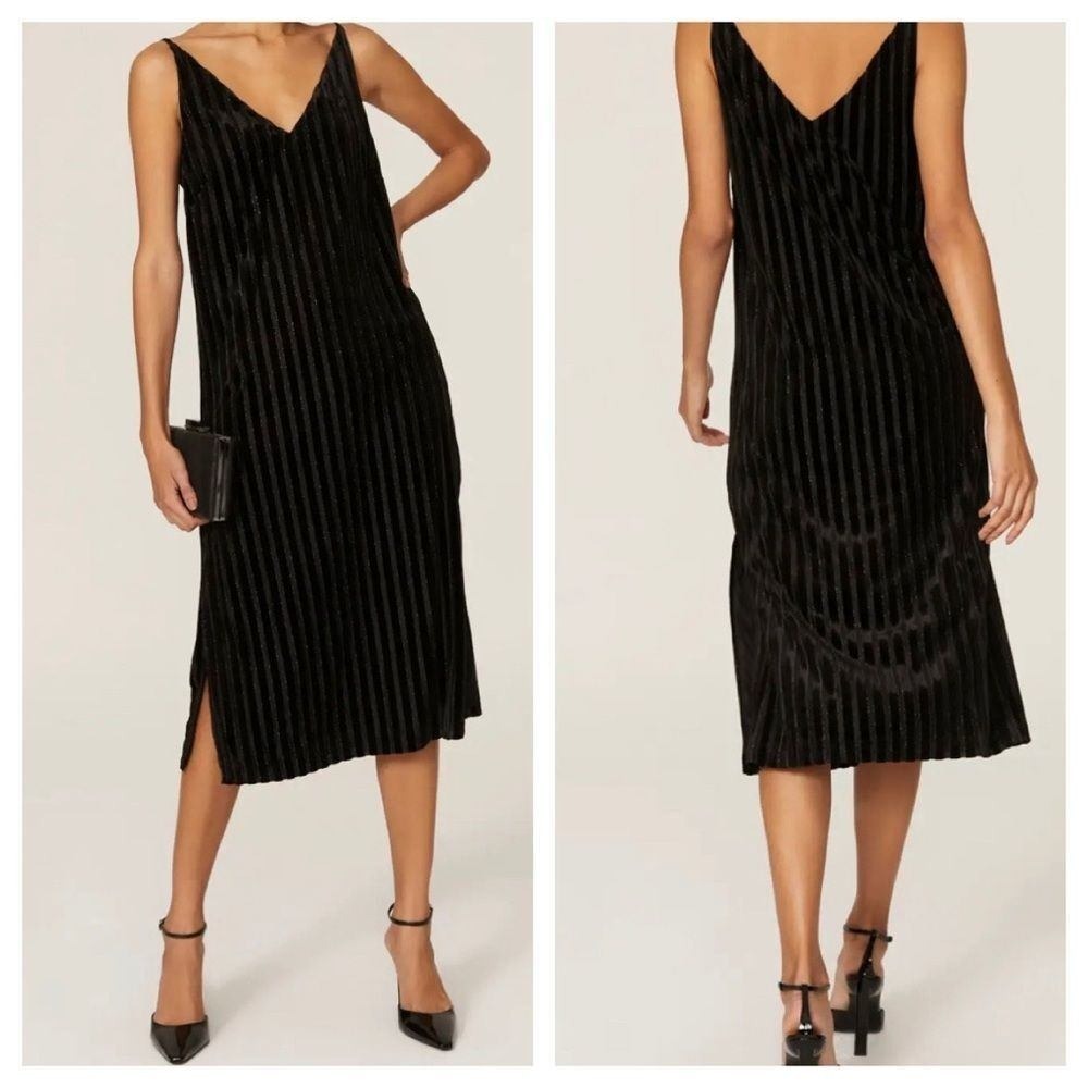 Adam Lippes Dress‎ Women 4 Black Velvet Striped Metallic Cami VNeck Midi Slip